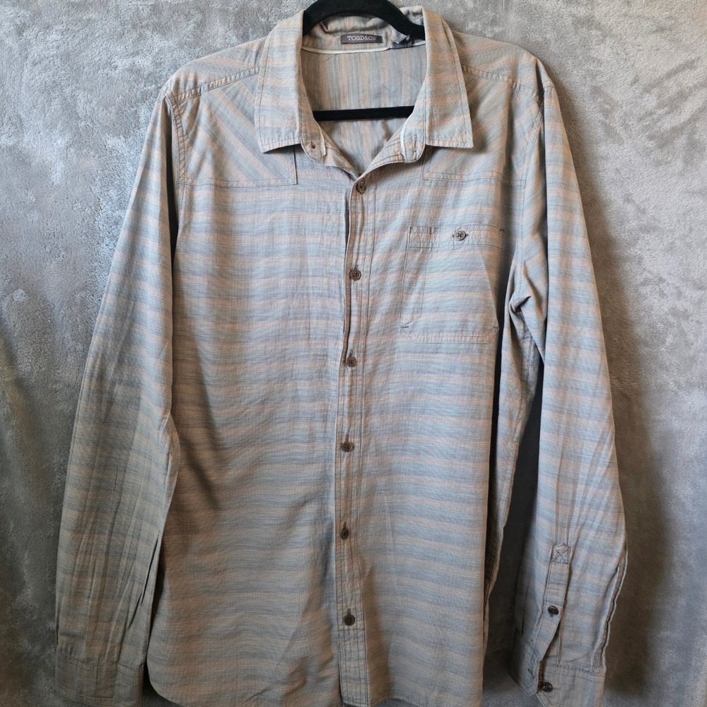 Toad&Co Mens Wonderer LS Shirt Grey Brown Plaid Organic Cotton Stretch Large